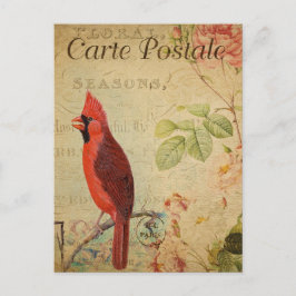 Postal Cardenal vintage Bird Pink Roses Floral