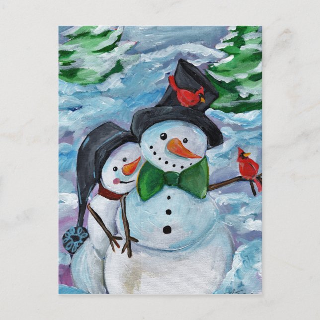 Postal Cardenal visitando a Snowmen (Anverso)