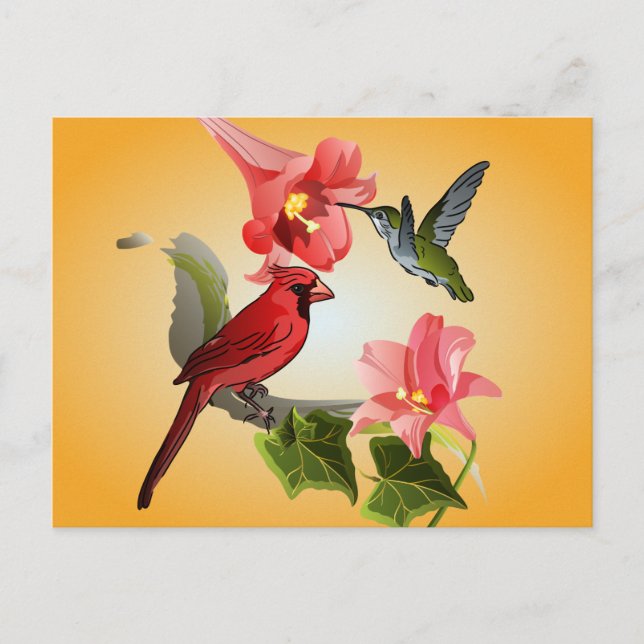 Postal Cardenal y colibrí con lirios rosados e hiedra (Anverso)