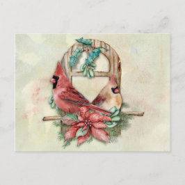 Postal Cardenales de invierno emparejan con Poinsettia
