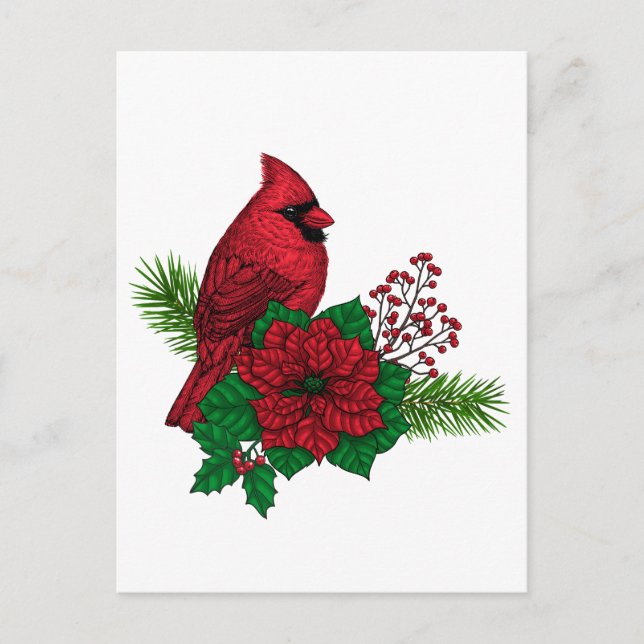 Postal Cardenales rojos sobre decoración de Navidades (Anverso)