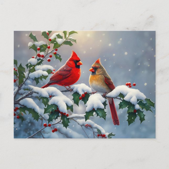 Postal Cardenales rojos y Holly en la nieve (Anverso)