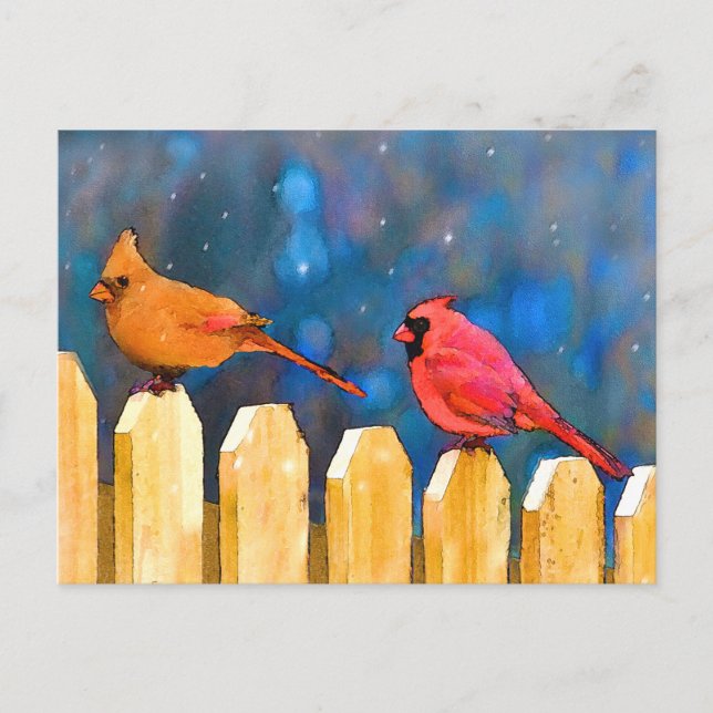 Postal Cardenales sobre la pintura de la cerca - Arte ori (Anverso)