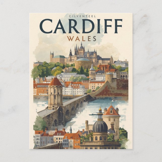 Postal Cardiff Wales Vintage Retro Travel  (Anverso)
