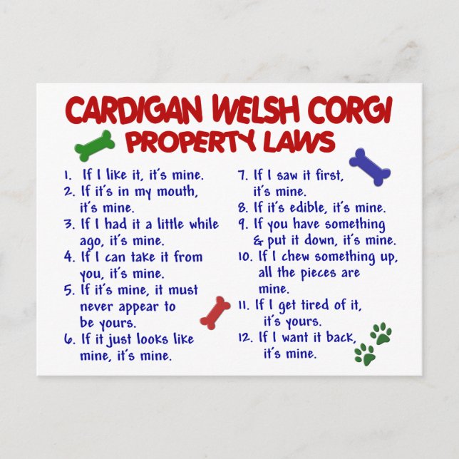 Postal CARDIGAN WELSH CORGI (Leyes de propiedad) 2 (Anverso)