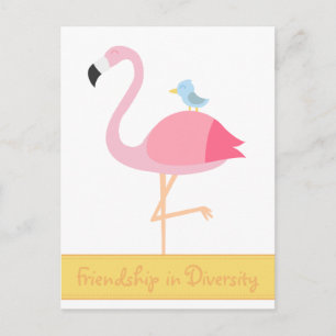 Postal Caricatura de Amistad: Flamenco Rosa con Pájaro Az