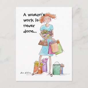 Postal Caricatura de color Trabajadora Mujer Comprando