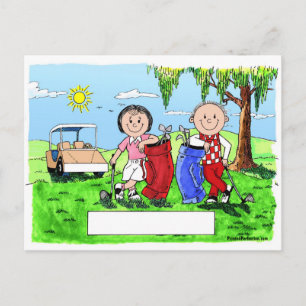 Postal Caricatura de dibujos animados de pareja de golf p