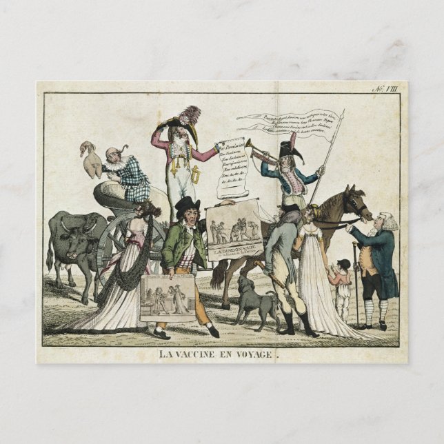 Postal Caricatura de médicas piratas que ofrecen vacunas (Anverso)