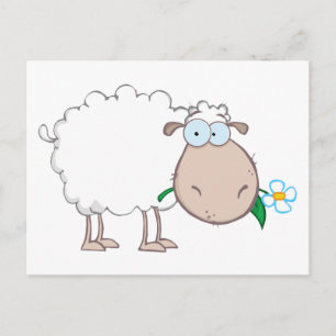 Postal Caricatura de Oveja Blanca comiendo una flor