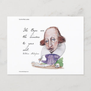 Postal Caricatura de Shakespeare y la cita de la tentació