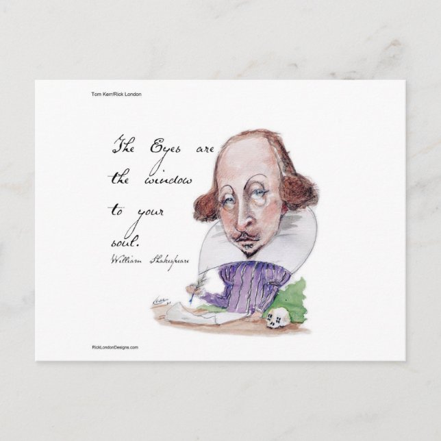 Postal Caricatura de Shakespeare y la cita de la tentació (Anverso)
