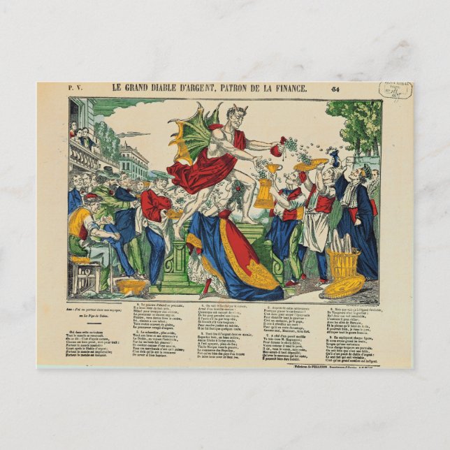 Postal Caricatura del demonio del dinero, 1860 (Anverso)