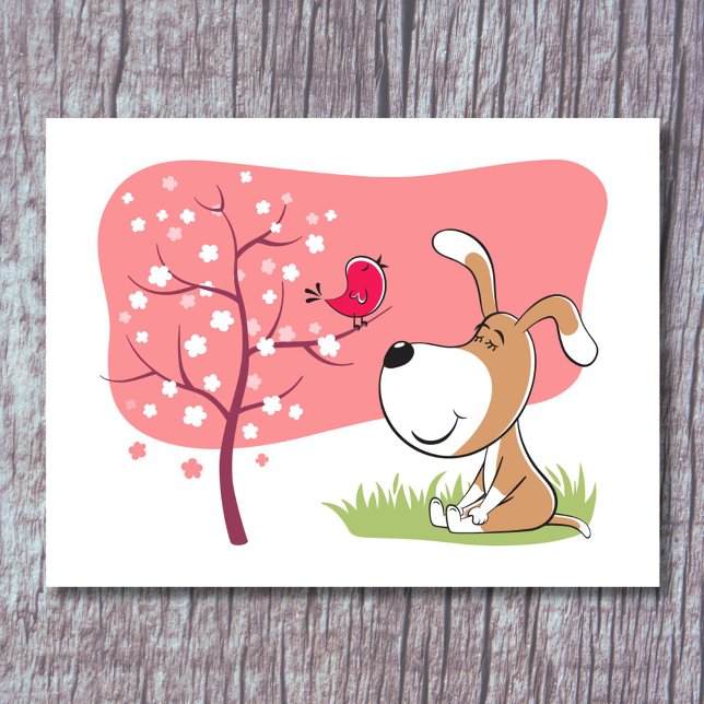 Postal Caricatura Perro Cachorro Ave Blossom Árbol de flo (Subido por el creador)