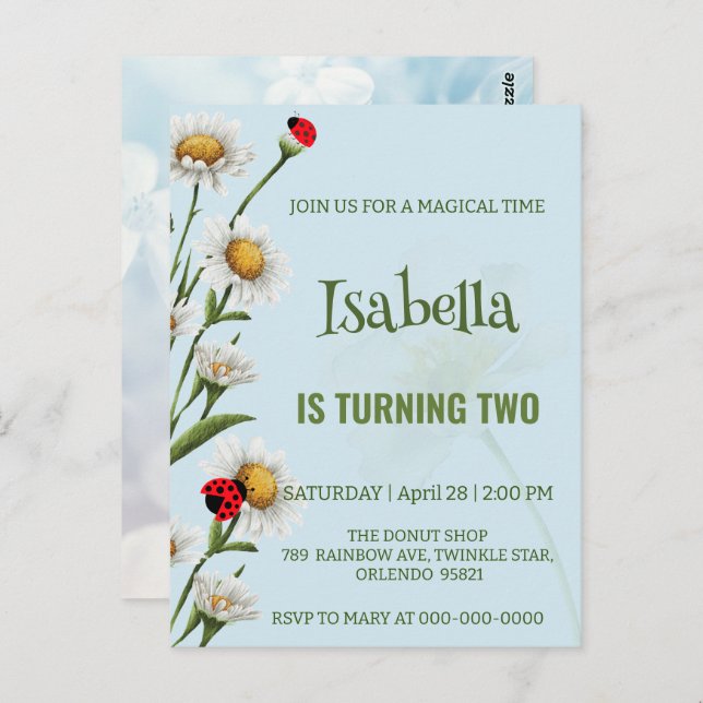 Postal Cariñosa mariquita de lunares azul Daisy Cumpleaño (Anverso / Reverso)