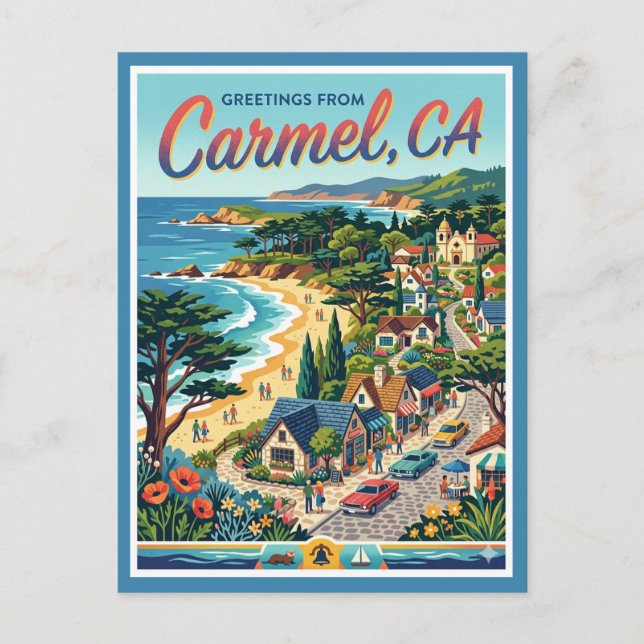 Postal Carmel CA Saludos Retro California Costera (Anverso)