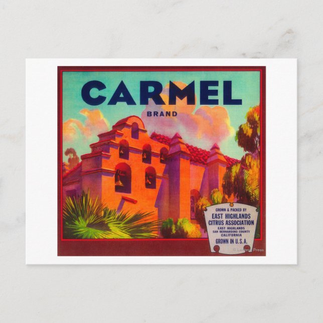 Postal Carmel Naranja LabelEast Highlands, CA (Anverso)