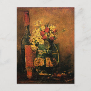 Postal Carnaciones, Rosas y una botella de Vincent van Go