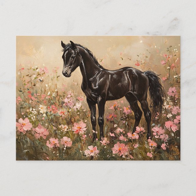 Postal Carne de caballo con flores rosas Rubor (Anverso)