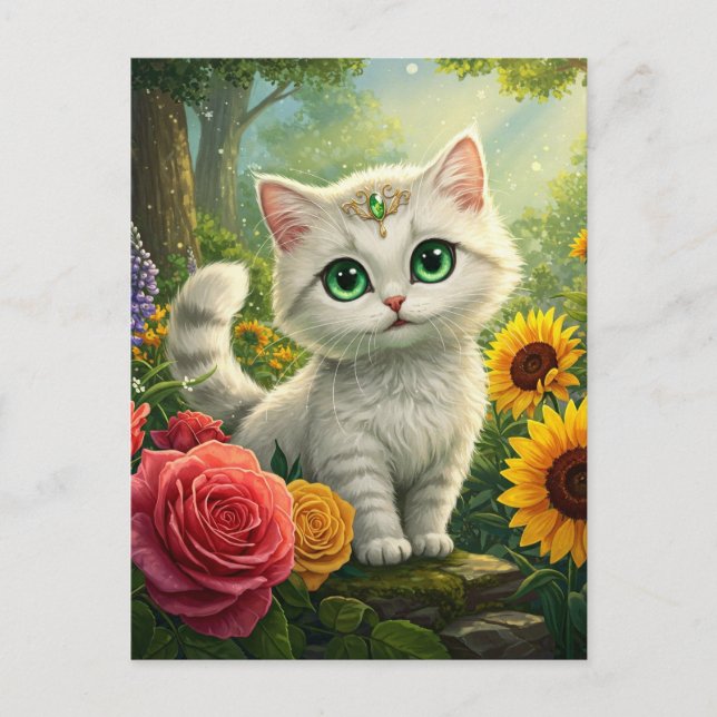 Postal Carne de gato blanco suave Fantasía Ojos verdes po (Anverso)