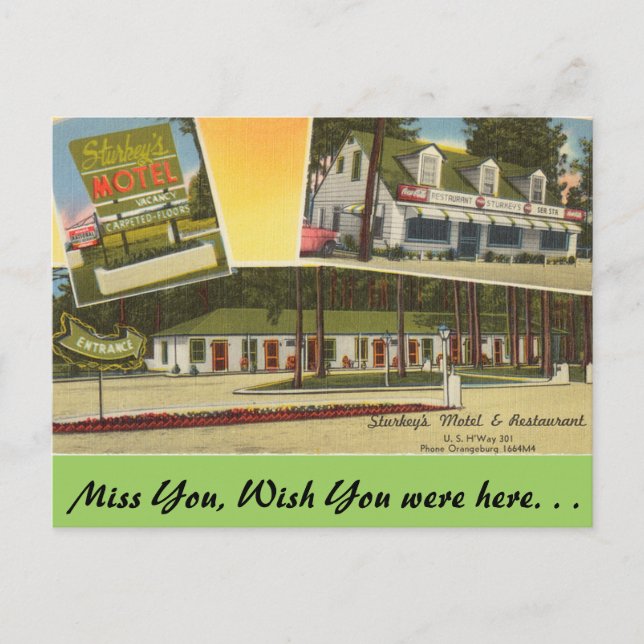 Postal Carolina del Sur, Motel de Sturkey, Orangeburg (Anverso)