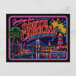 Postal Carolina del Sur Neon State Retro Vintage