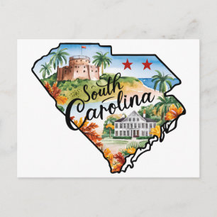 Postal Carolina del Sur USA Estado Formado Acuarela Vinta