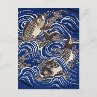 Postal Carpa en olas de Koi japonés Fish Silk Tapestry Ar