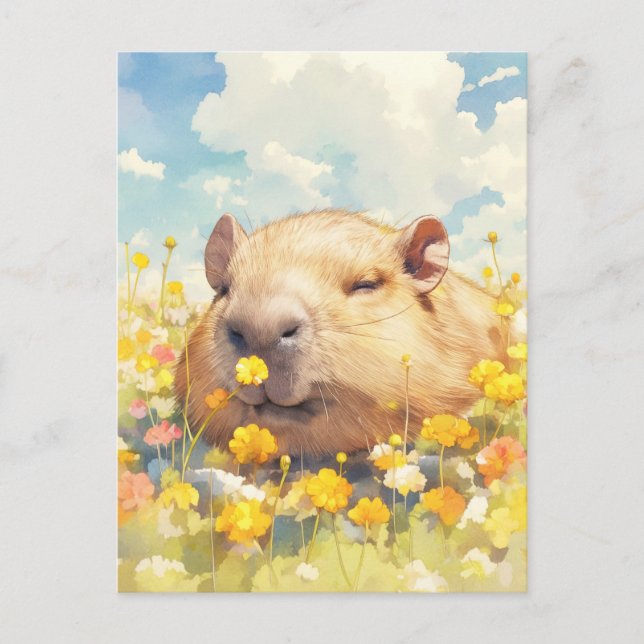 Postal Carpincho en pradera soleada de flores silvestres  (Anverso)