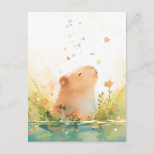 Postal Carpincho Pacífico con Corazón y Pétalos que Caen