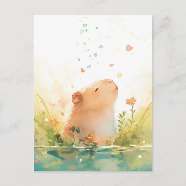 Postal Carpincho Pacífico con Corazón y Pétalos que Caen (Anverso)