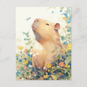 Postal Carpincho Pacífico con pequeño pájaro azul