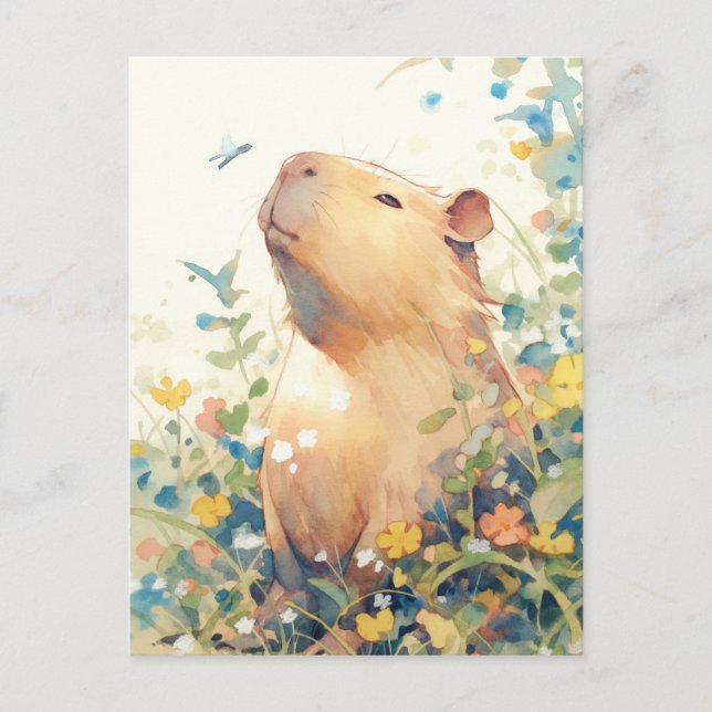 Postal Carpincho Pacífico con pequeño pájaro azul (Anverso)