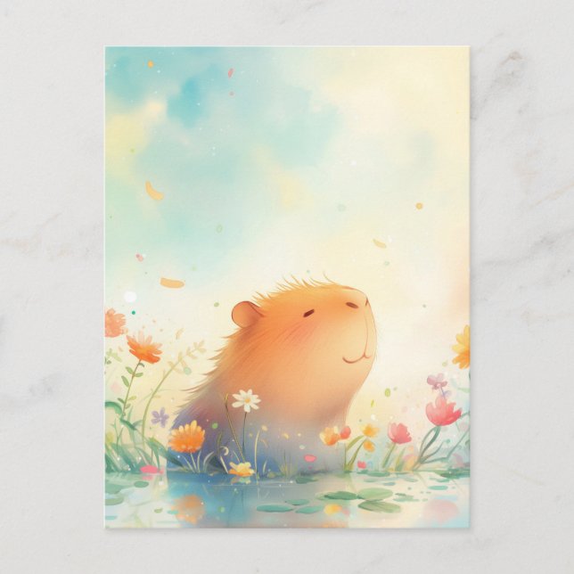 Postal Carpincho Pacífico Sonriendo en Estanque de Flores (Anverso)