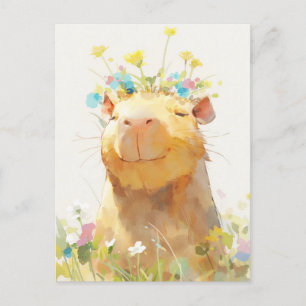 Postal Carpincho Sonriente con Corona de Flores Silvestre