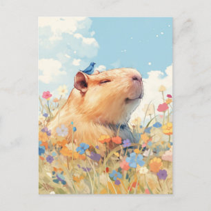 Postal Carpincho sonriente con pájaro azul en prado flori