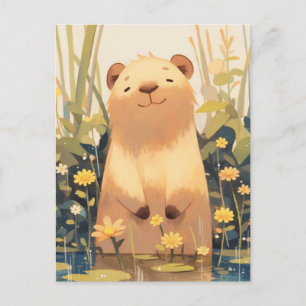 Postal Carpincho Sonriente en Estanque con Flores Silvest