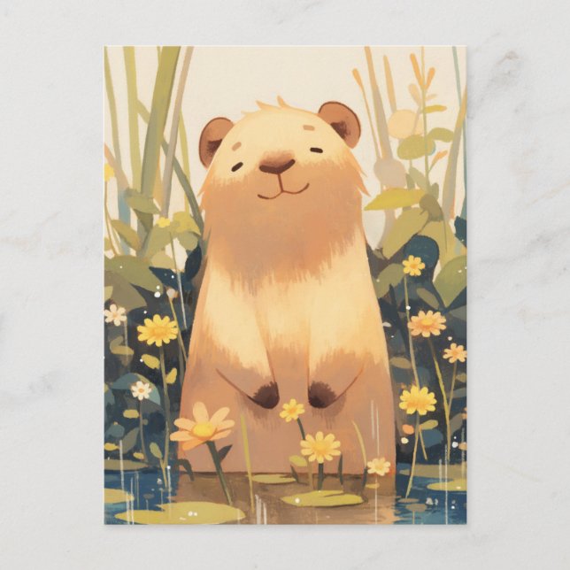 Postal Carpincho Sonriente en Estanque con Flores Silvest (Anverso)