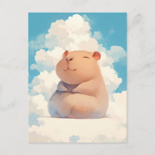 Postal Carpincho Sonriente Sentado en una Suave Nube Blan
