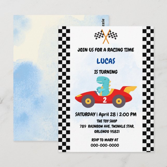 Postal Carrera de coches de dinosaurios de cumpleaños niñ (Anverso / Reverso)