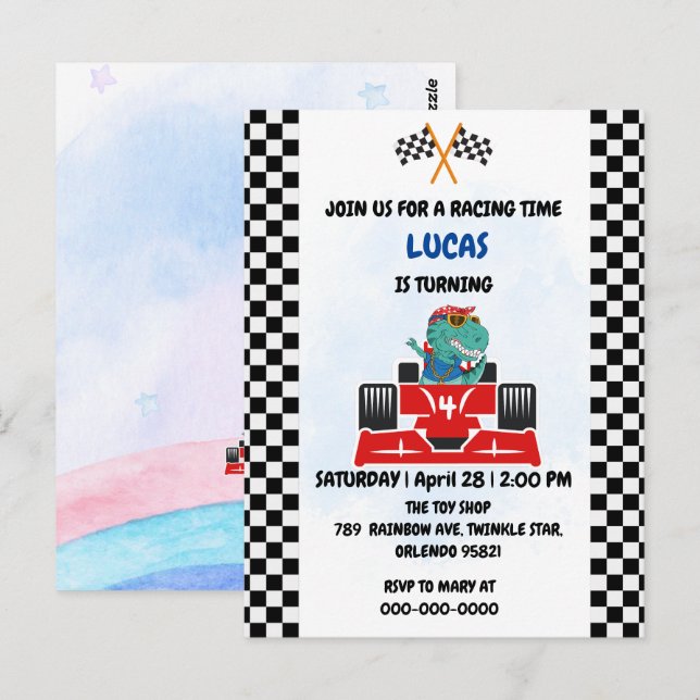 Postal Carrera de dinosaurio de cumpleaños auto niño rojo (Anverso / Reverso)