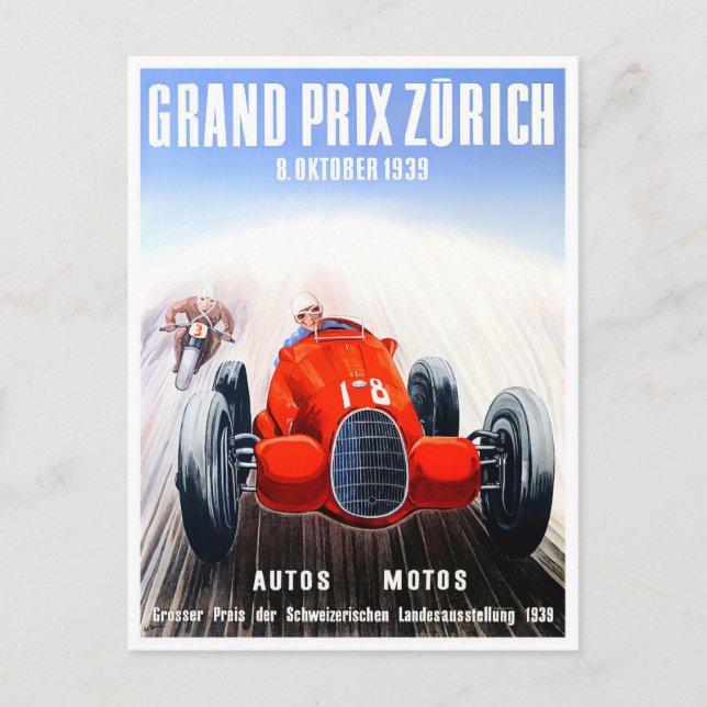 Postal Carrera de época del Gran Premio de Zúrich de 1939 (Anverso)