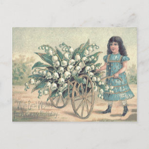 Postal Carretilla de niña linda de lirio de los valles
