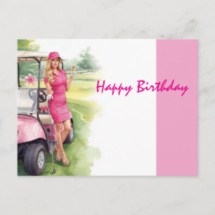 Postal Carro de Golf con Feliz Cumpleaños Golfista Mujer 