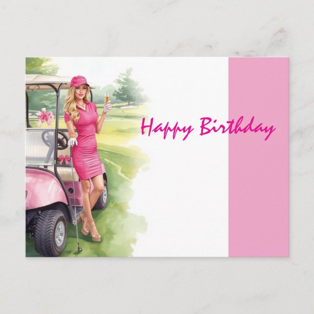Postal Carro de Golf con Feliz Cumpleaños Golfista Mujer  (Anverso)