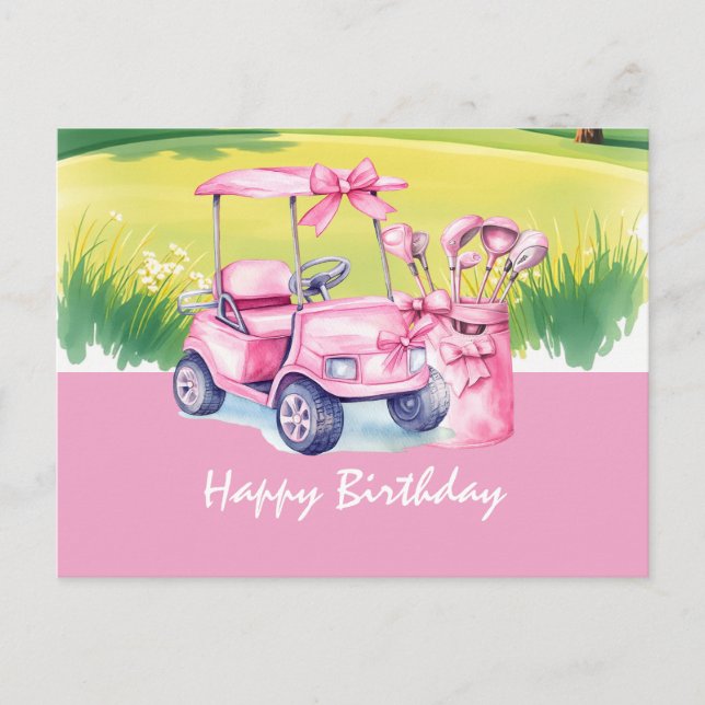 Postal Carro de Golf con Feliz Cumpleaños Golfista Mujer (Anverso)