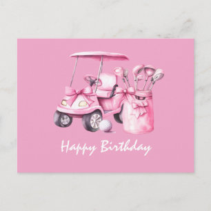 Postal Carro de Golf con Golfista Mujer Cumpleaños Feliz 