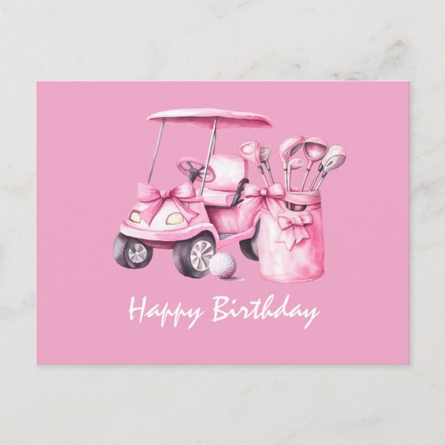 Postal Carro de Golf con Golfista Mujer Cumpleaños Feliz  (Anverso)
