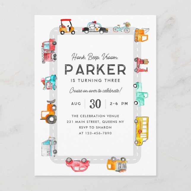 Postal Carros Camiones Calles Niños Transporte Cumpleaños (Anverso)