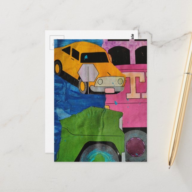 Postal Cars and Trucks yellow green pink blue collage  (Anverso/Reverso In Situ)